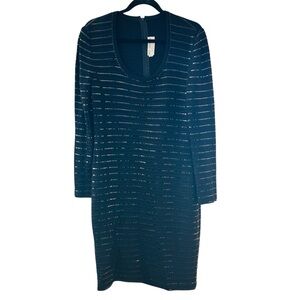 St John Evening Black Midi Dress V Neck Long Sleeves Knit Paillettes Size 10